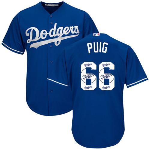 Dodgers #66 Yasiel Puig Blue Team Logo Fashion Stitched MLB Jersey - Click Image to Close
